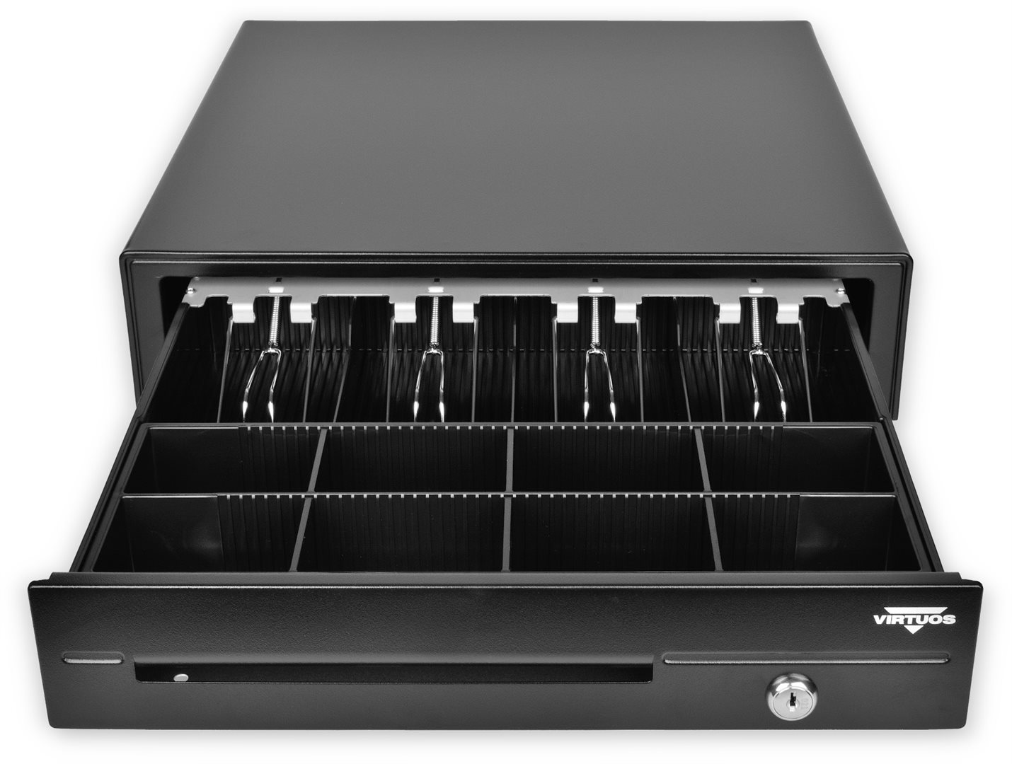 Virtuos pokladní zásuvka C420D - kovové držáky bankovek, 9-24V, černá, s kabelem